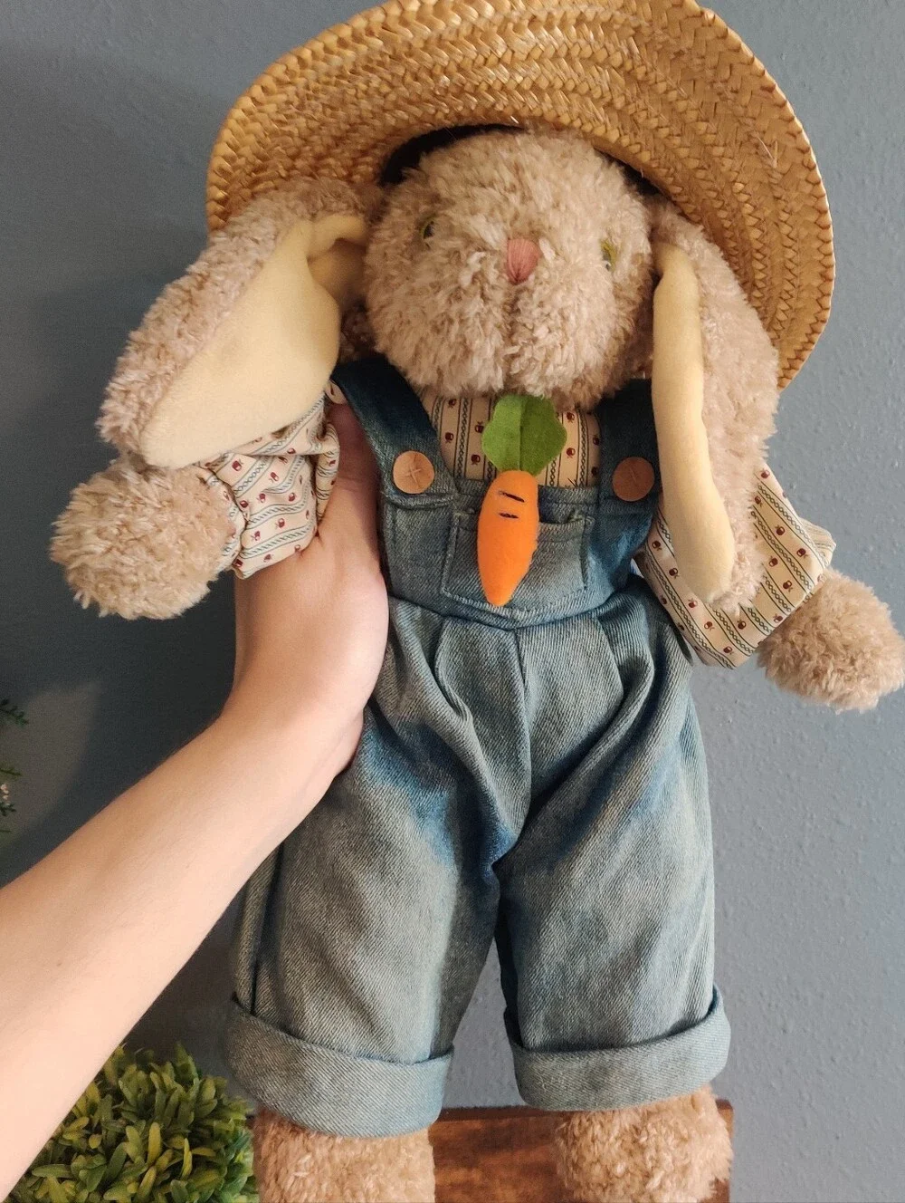 Easter Rabbit Plush Jean Denim Coveralls Straw hat Garden 16